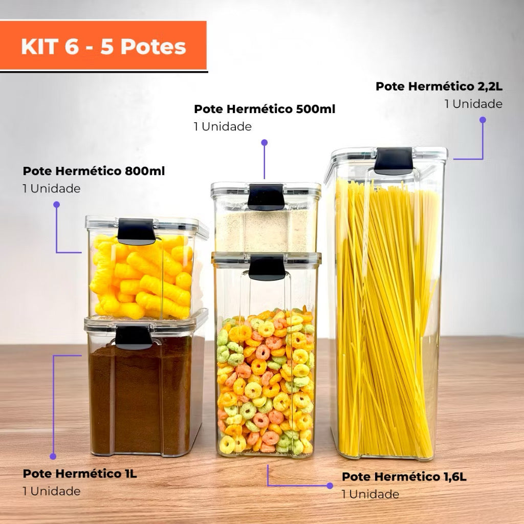 Kit 5 Potes Herméticos Organizador de Mantimentos Transparente Com Trava BPA Free