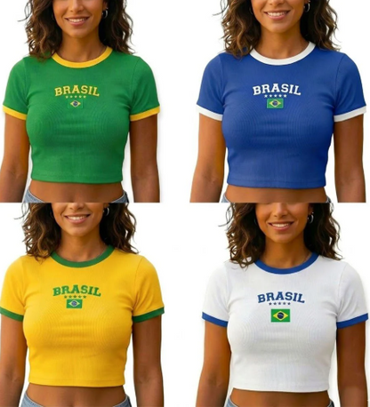 Blusa Cropped Do Brasil Feminina Canelado Ribana Com Manga 4 Cores
