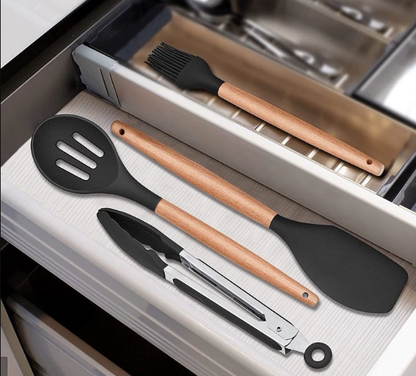 KIT de Utensílios Para Cozinha em Silicone e Bambu 12 Peças