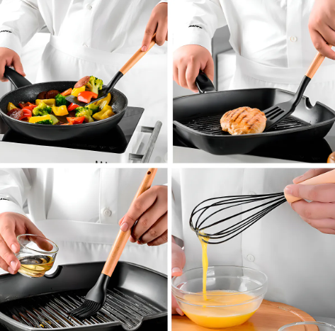 KIT de Utensílios Para Cozinha em Silicone e Bambu 12 Peças