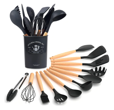 KIT de Utensílios Para Cozinha em Silicone e Bambu 12 Peças